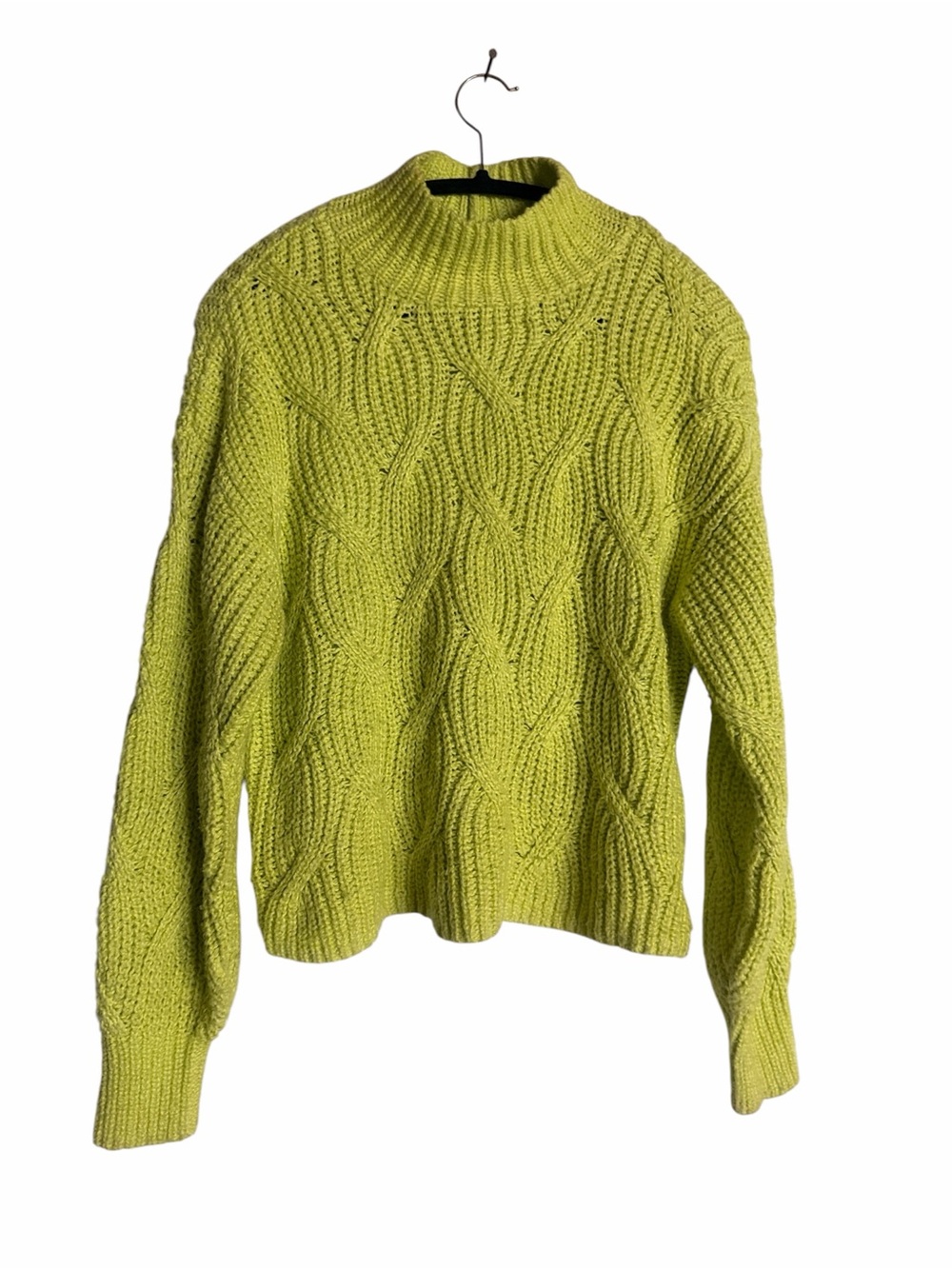 American Eagle Outfitters Neon Yellow Cable Knit Mock Neck Sweater, S, fits M-L